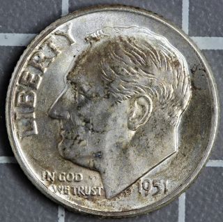 1951 - D Roosevelt Dime 90% Silver Choice Bu Light Toning Coin photo