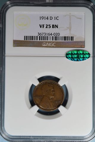 1914 - D Lincoln Wheat Cent Ngc Vf25bn - Tough,  Cac Endorsed,  Key - Date Abe photo