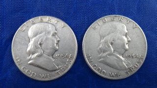 1954d 1954p 50c Franklin Half Dollars 90% Silver Us Coin Circulated photo
