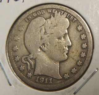 1911 Barber Quarter Silver Vg - F photo