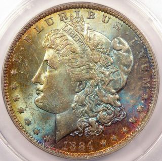 1884 - O Toned Morgan Silver Dollar Anacs Ms63 - Rainbow Toning photo
