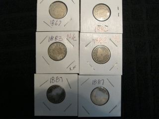 1867 - 1882 Us Shield Nickle,  2 - 1883 N/c And 2 - 1887v Nickles photo