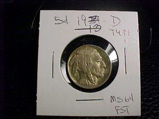 Rare 1913 D Type 1 Indian Buffalo Nickel Unc ++++ Fst Buy It Now Offer photo