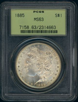 1885 Pcgs Ms - 63 Morgan Silver Dollar Old Green Holder Ogh Fields Are Markfree photo