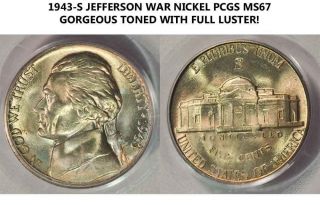 1943 - S Pcgs Ms67 Jefferson War Nickel Gorgeous Rainbow Specimen (mj) photo