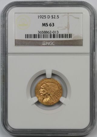 1925 - D Indian Head Quarter Eagle Gold $2.  5 Ms 63 Ngc photo