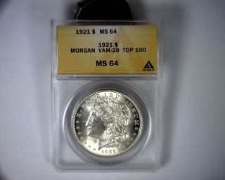Ms64 Anacs 1921 Top 100 Vam 28 Infrequently Reeded Morgan Silver Dollar Coin photo