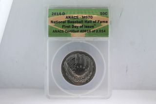 2014 Ms 50c Half Dollar Baseball Hall Of Fame First Day Issue Anacs Ms 70 photo