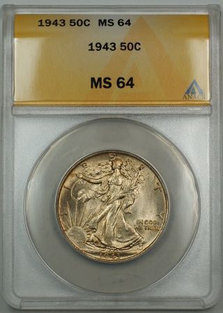 1943 Walking Liberty Silver Half Dollar 50c Coin Anacs Ms - 64 Gk photo