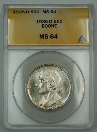 1935 - D Daniel Boone Commemorative Silver Half Dollar Coin Anacs Ms - 64 Dgh photo