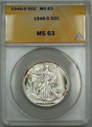 1946 - S Walking Liberty Silver Half Dollar 50c Anacs Ms - 63 (better Coin) Gk photo