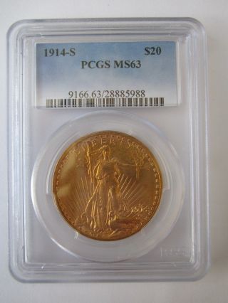1914 - S $20 Gold St Gaudens Double Eagle Better Date Pcgs Ms - 63 No Spots Or Issue photo