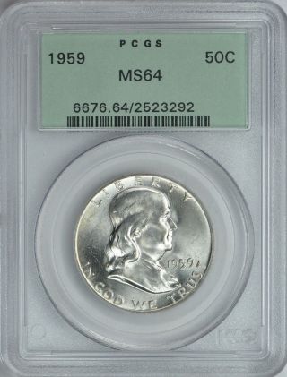 1959 Franklin Silver Half Dollar 50c Pcgs Ms64 Ogh (old Green Holder) photo