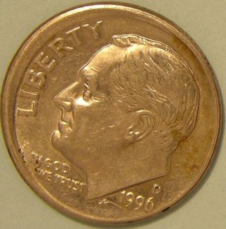 1996 D Roosevelt Dime,  (off Center,  Broadstruck) Error Coin,  Aj 545 photo