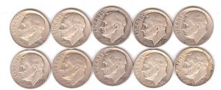 10 Circulated 90% Silver Roosevelt Dimes,  All Dated 1953 - S photo