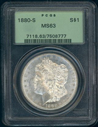 1880 - S Pcgs Ms - 63 Morgan Silver Dollar Old Green Holder Ogh Close To P/l photo