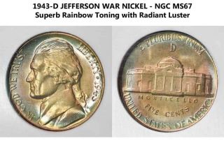 1943 - D Ngc Ms67 Jefferson War Nickel Rainbow Toning (mj) photo