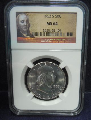 1953 - S Benjamin Franklin Half Dollar Ngc Rated Ms64 photo