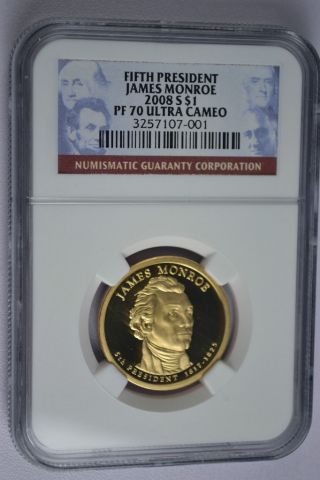 2008 - S James Monroe Presidential Golden Dollar Ngc Pf70 Ultra Cameo photo