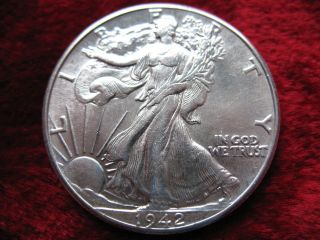 1942 - P Walking Liberty Silver Half Dollar,  Blazing Luster,  Very photo