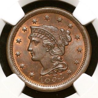 1854 N - 23 R - 2 Ngc Ms66rb Braided Hair Large Cent Coin 1c Ex; Mervis photo