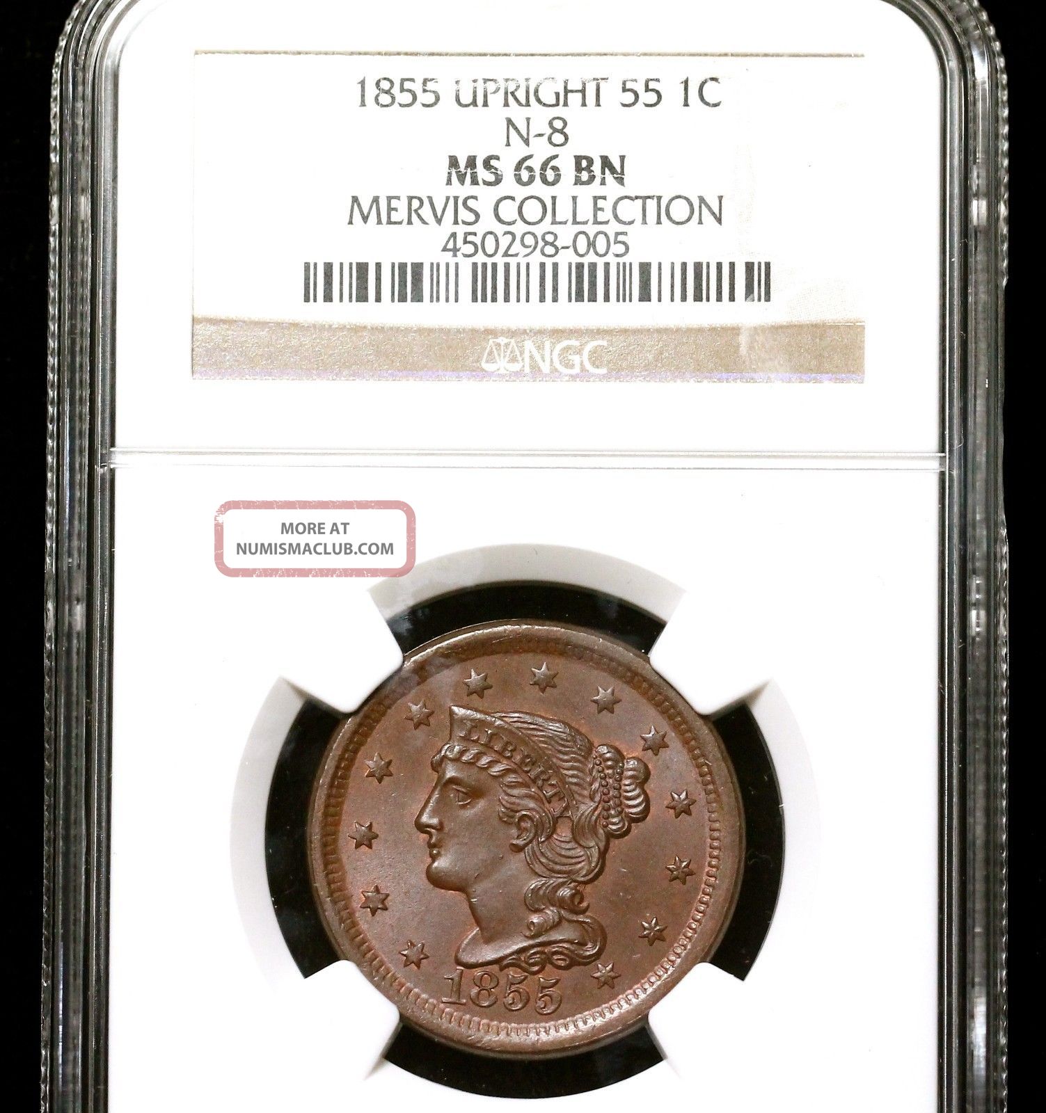 1855 N - 8 R - 3 Ngc Ms66bn Upright 55 Braided Hair Large Cent Coin 1c