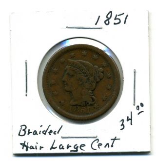 Braided Hair Large Cent 1851,  Vf photo