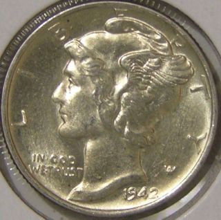 1942 Silver Mercury Dime Uncirculated,  Split Bands,  Af 353 photo