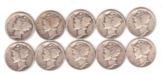 10 90% Silver Mercury Dimes With Various Dates - 1945 - S With The Micro S photo