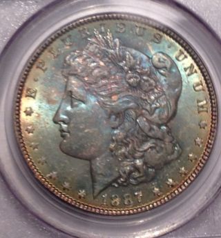 1887 Morgan Silver Dollar,  Monster Rainbow Double Sided,  Pcgs Ms63 photo