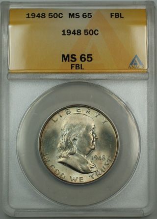 1948 Franklin Silver Half Dollar 50c Coin Anacs Ms - 65 Gem Fbl Lightly Toned Gk photo