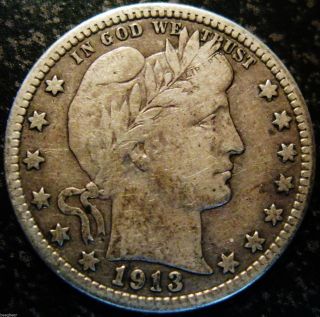 1913 - P Barber Quarter Semi Key Date Mid - Grade With Toning & Eye Appeal photo