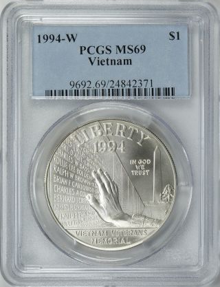 1994 - W Vietnam Veterans Memorial Silver S$1 Pcgs Ms69 photo