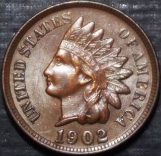 Rare 1902 Indian Head Cent Full Liberty + 4 Deep Diamonds Rich Brown photo