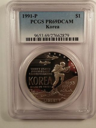 1991 - P Korea Proof Silver Commemorative Dollar Pcgs Pf69dcam photo