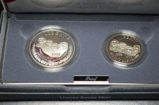 1991 Silver Proof Mount Rushmore 2 Coin Us Silver Dollar & Half Box & photo