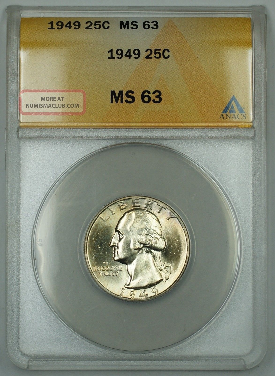 1949 Washington Silver Quarter Coin 25c Anacs Ms 63 Gk