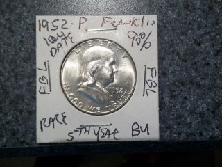 Rare Early Key Date 90% Silver Bu 1952 - P Franklin Half Dollar Beauty photo