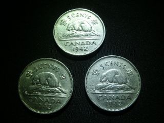 Three 1942 Canadian Nickels - photo