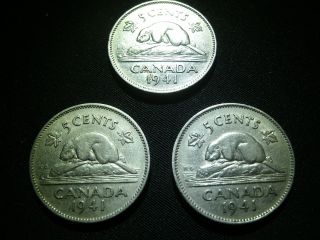 Three 1941 Canadian Nickels - photo