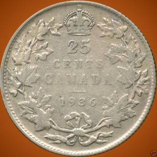 1936 Canada 25 Cent Silver Coin (5.  83 Grams.  800 Silver) (no Tax) photo