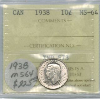 Canada 1938 10 Cents Dime Gem Unc Iccs Ms 64 photo