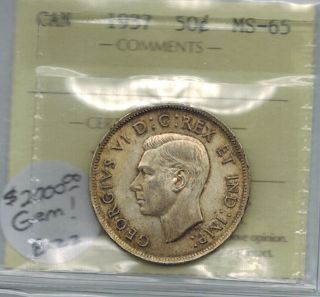 Canada 1937 50 Cents Half Dollar George Vi Iccs Ms 65 Gem Unc photo