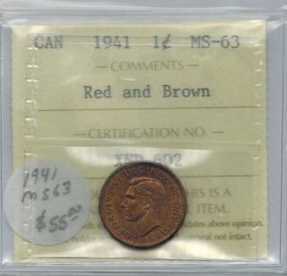 Canada Small Cent 1941 Iccs Ms 63 Red & Brown photo