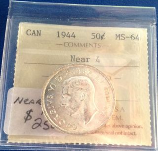 Canada 1944 Near 4 50 Cents Half Dollar Iccs Ms 64 Unc Variety photo