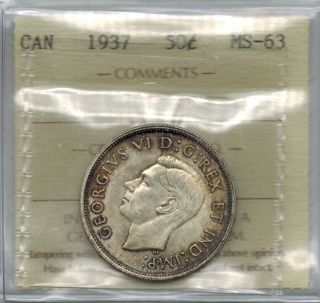 Canada 1937 50 Cents Silver Half Dollar Iccs Ms 63 Choice Toned Collector Coin photo