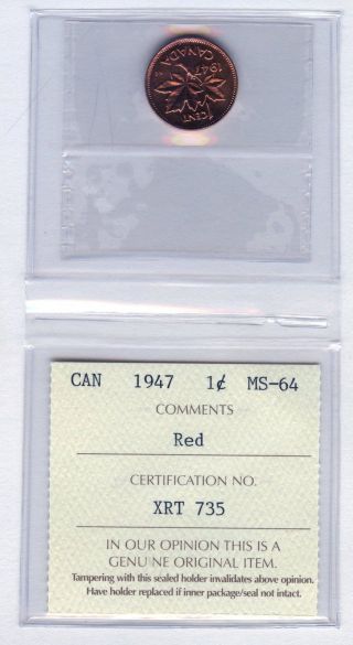 1947 Canada 1 Cent Coin Graded Iccs Ms64 Xrt 735 (no Tax) photo