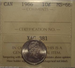 Gem Canada Elizabeth Ii 1966 Silver Ten Cents - Iccs Ms - 66 (xag - 381) photo