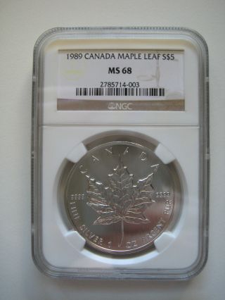1989 Canada $5 Silver Maple Leaf - Bullion Issue - Ngc Ms68 photo