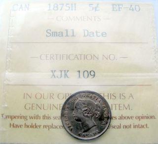 1875h Small Date Five Cents Iccs Ef - 40 Rare Sd Queen Victoria Key photo